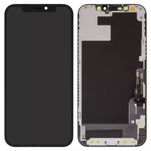 Дисплей для iPhone 12, iPhone 12 Pro, чорний, з рамкою, High Copy, з пластиками камери та давача наближення, без мікросхеми, (OLED)