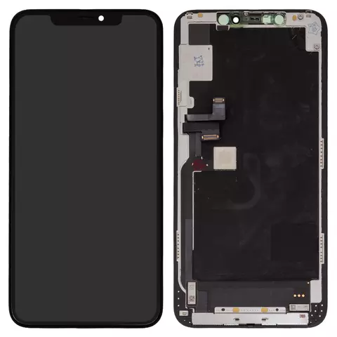 Дисплей для iPhone 11 Pro Max, чорний, з рамкою, Оригінал (переклеєне скло), з пластиками камери та давача наближення
