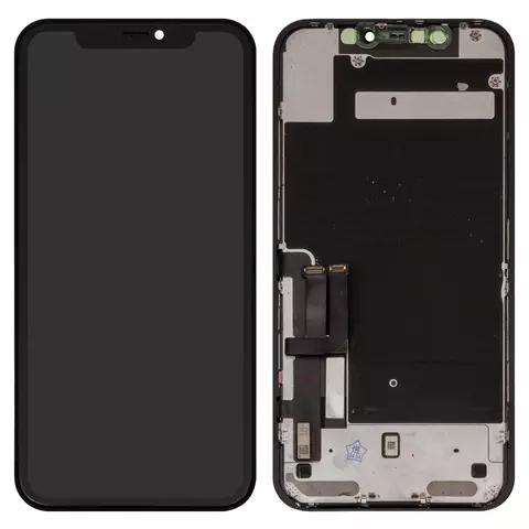 Дисплей для iPhone 11, чорний, з рамкою, Оригінал (переклеєне скло), з пластиками камери та давача наближення, Toshiba/Sharp version