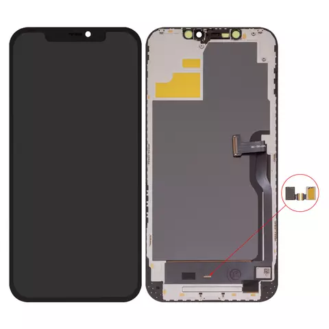 Дисплей для iPhone 12 Pro Max, чорний, з рамкою, High Copy, з пластиками камери та давача наближення, без мікросхеми, (OLED), DD-OLED
