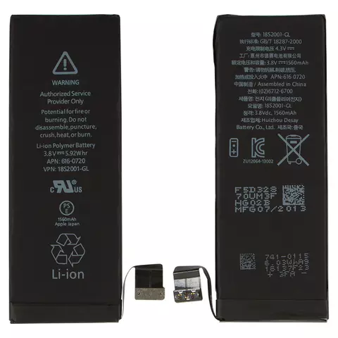 Акумулятор для мобільного телефону Apple iPhone 5S, (Li-Polymer 3.8V 1560mAh), # 616-0720