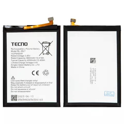 Акумулятор BL-39LT для Tecno Camon 12, Camon 12 Air (CC6), Spark 4, Spark 4 Lite, Spark Go Plus, Li-Polymer, 3,85 B, 4000 мАг, Original (PRC)