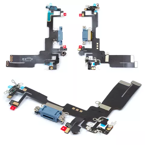 Шлейф для iPhone 14, конектора зарядки, синій, з мікрофоном, High Copy