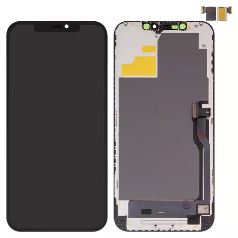Дисплей для iPhone 12 Pro Max, чорний, з рамкою, з пластиками камери та давача наближення, без мікросхеми, (OLED), OEM hard, SL