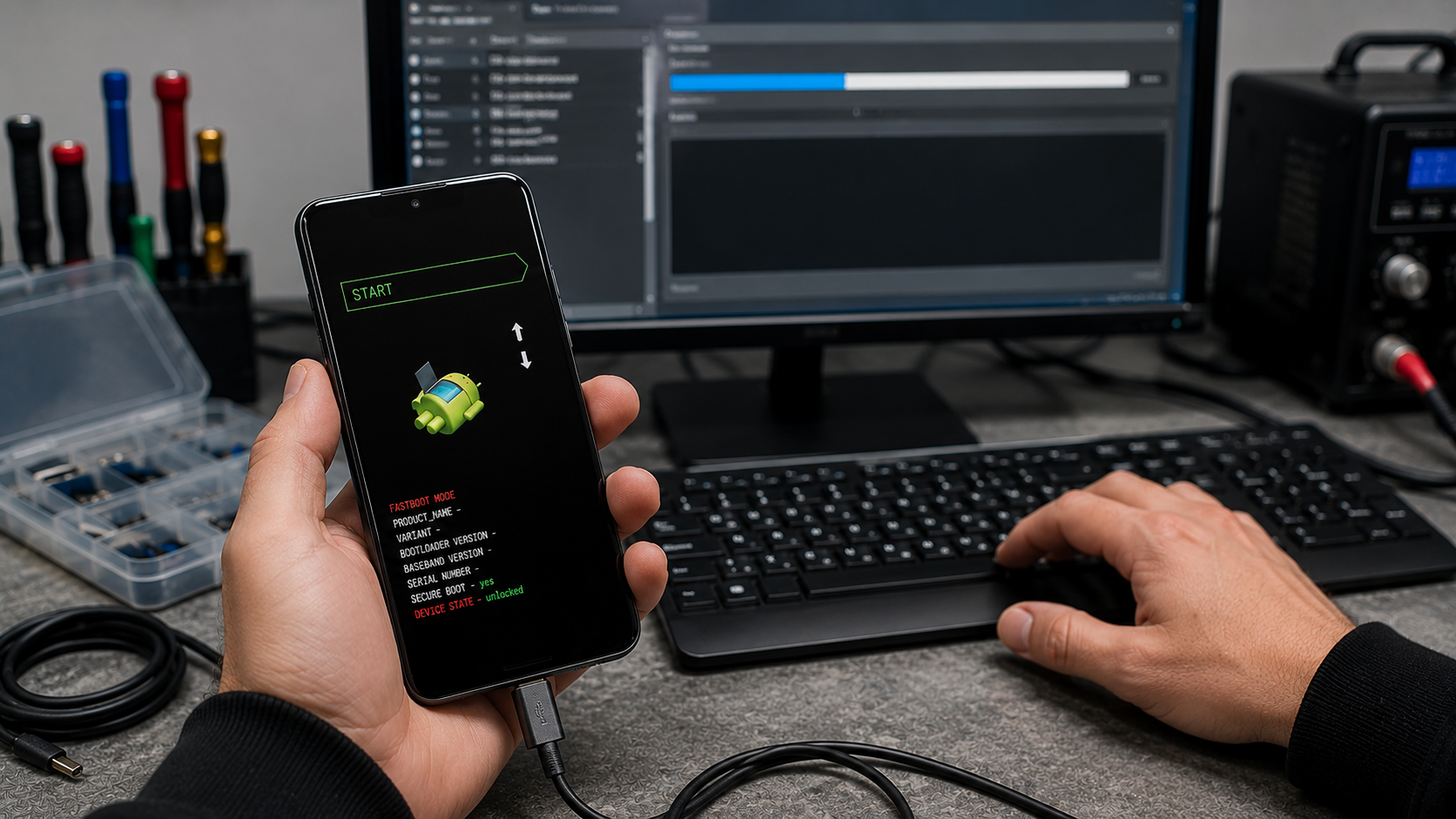 Android-смартфон у режимі Fastboot підключений до комп'ютера для прошивки