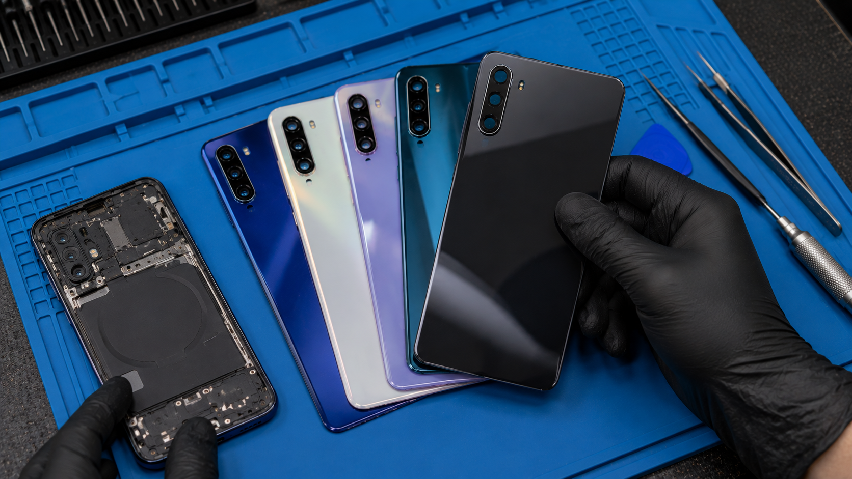 Майстер підбирає нову задню кришку для ремонту Android-смартфона