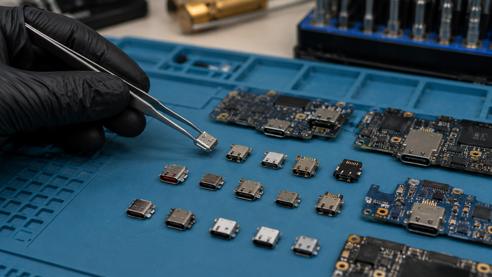 Майстер підбирає новий USB Type-C роз'єм для ремонту телефону