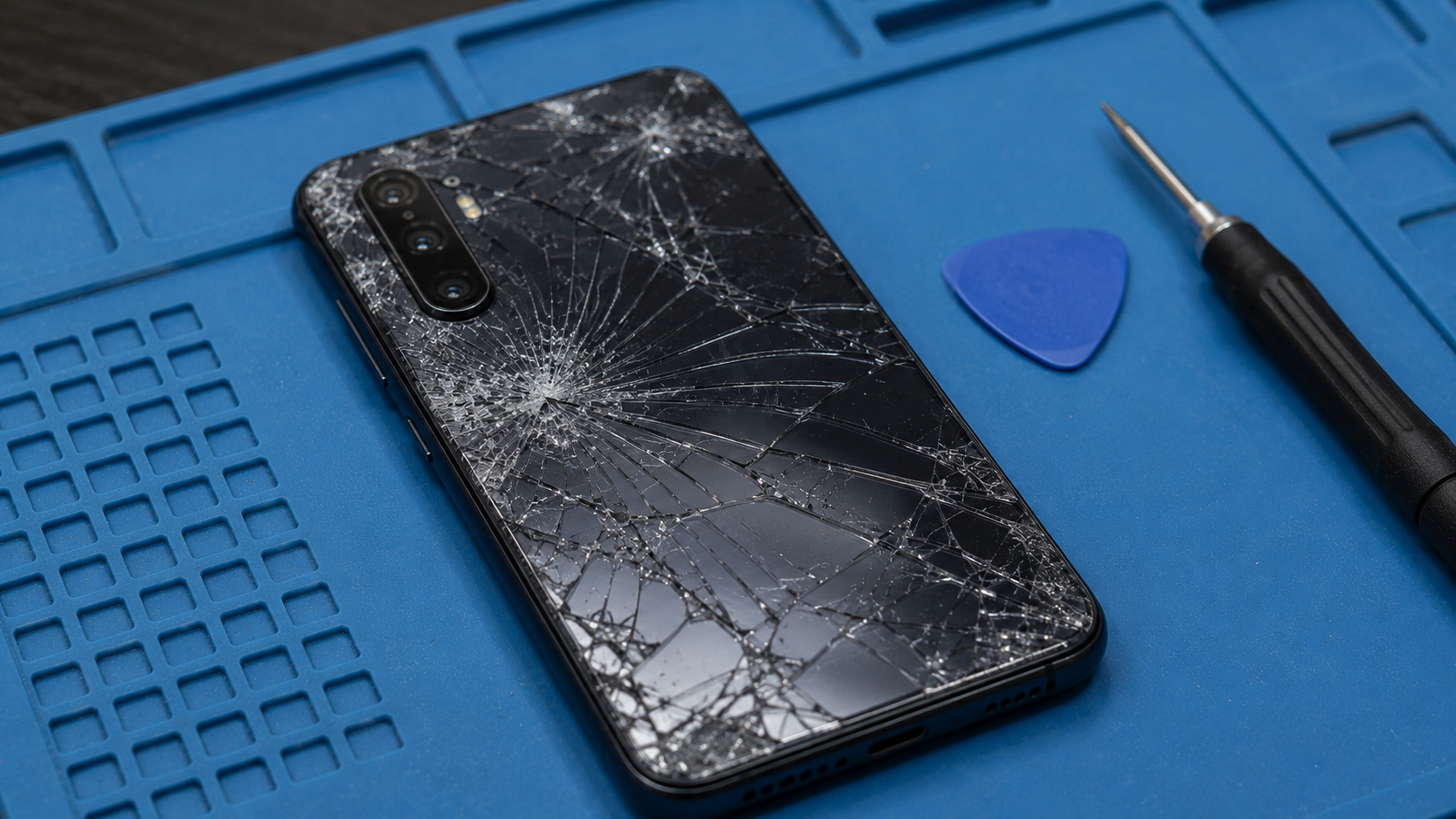 Розбита задня кришка Android-смартфона перед заміною