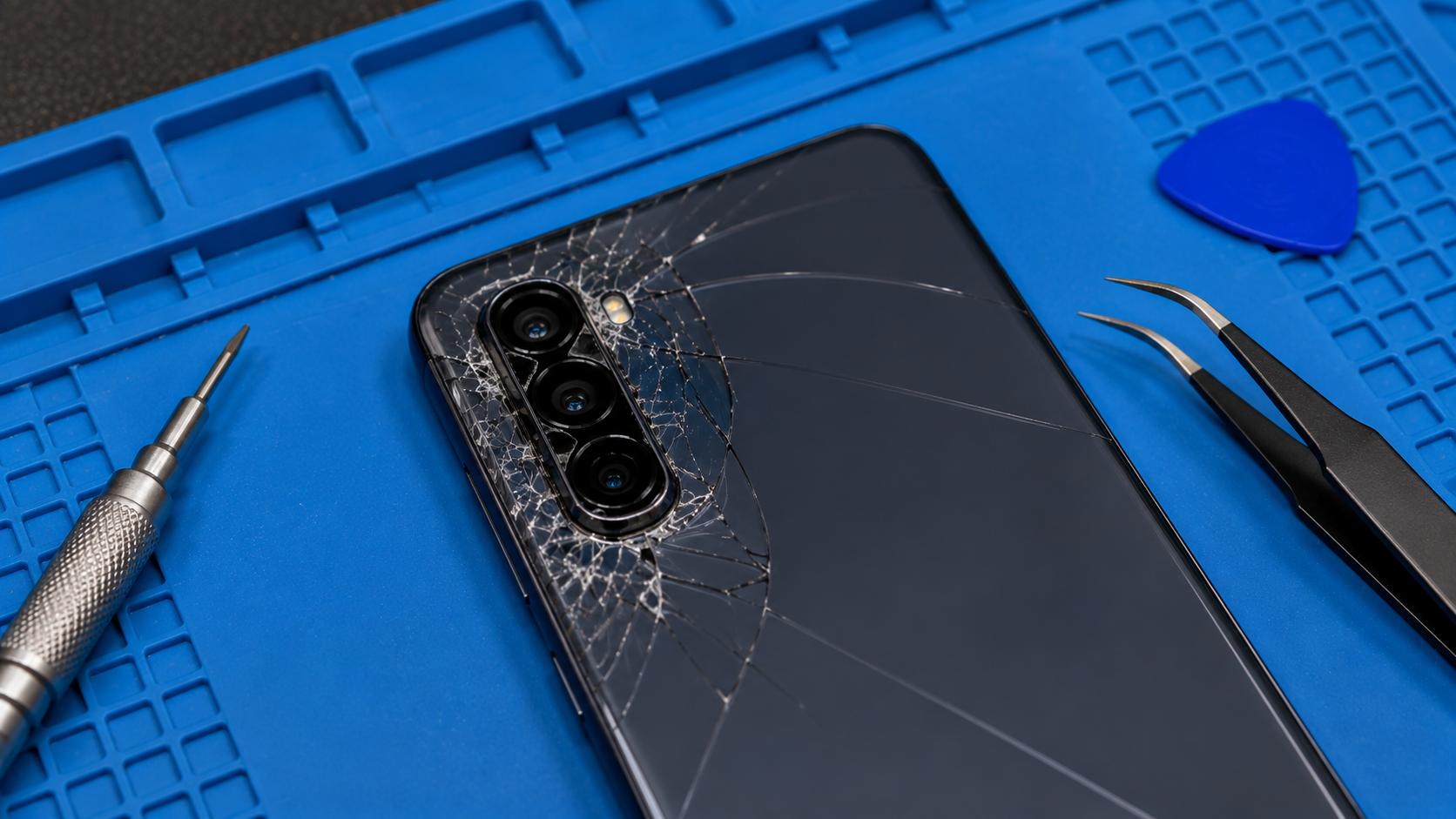 Розбите скло камери Android-смартфона перед ремонтом