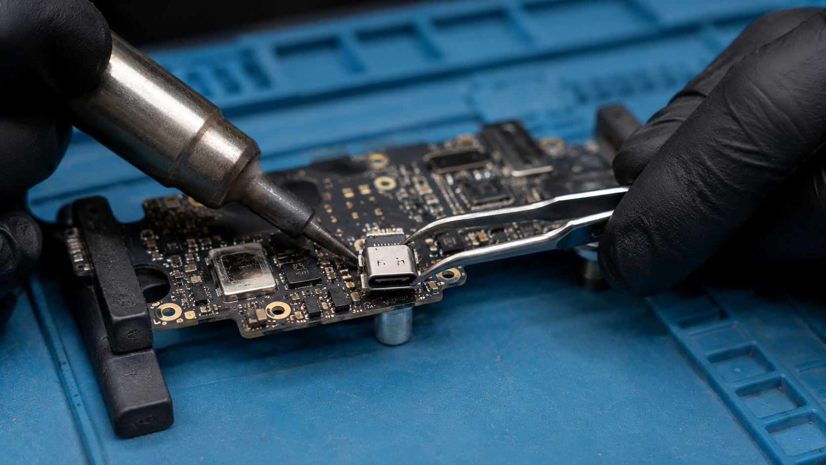 Майстер встановлює новий USB Type-C роз'єм на плату смартфона