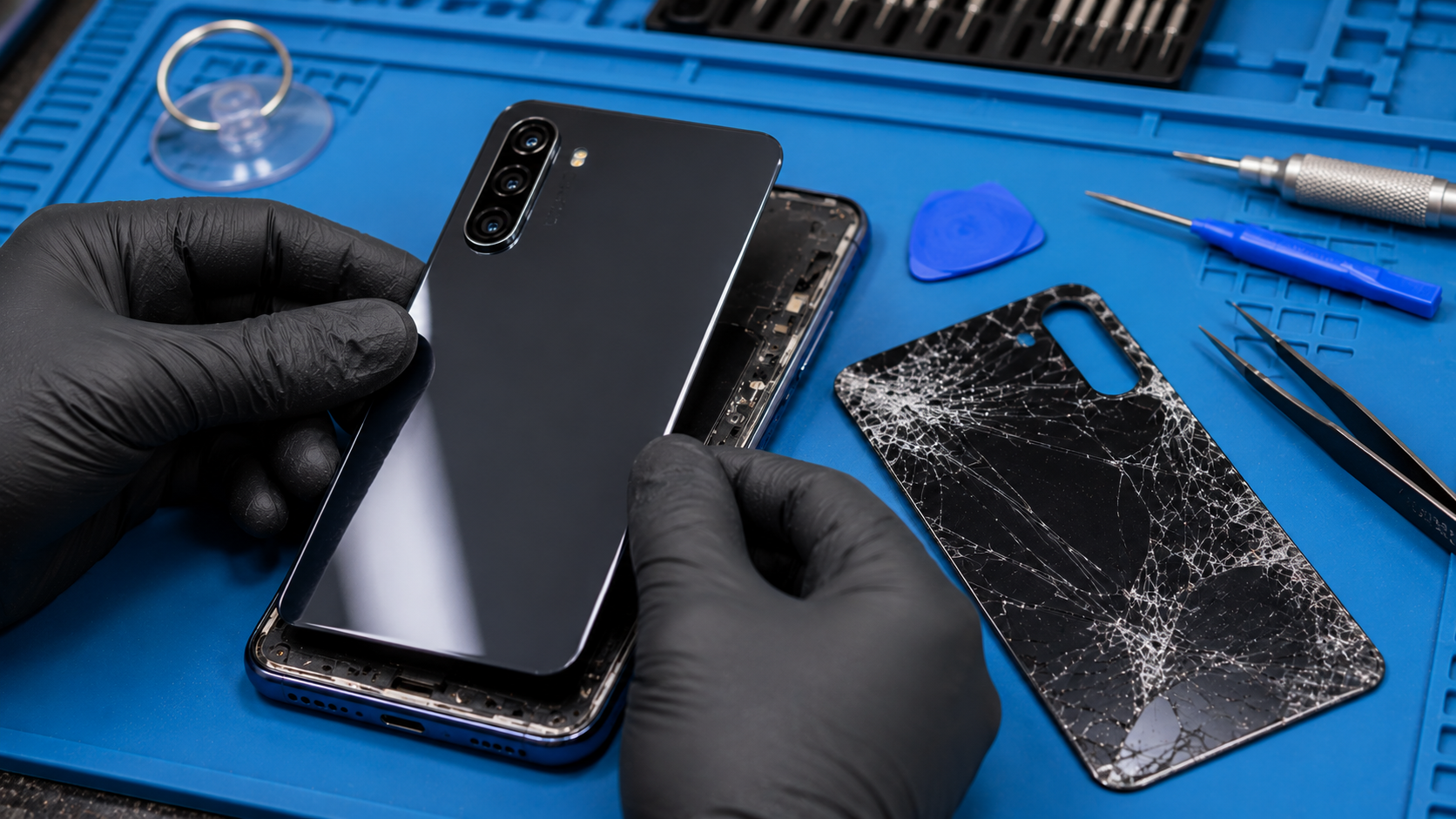 Майстер встановлює нову задню кришку на Android-смартфон