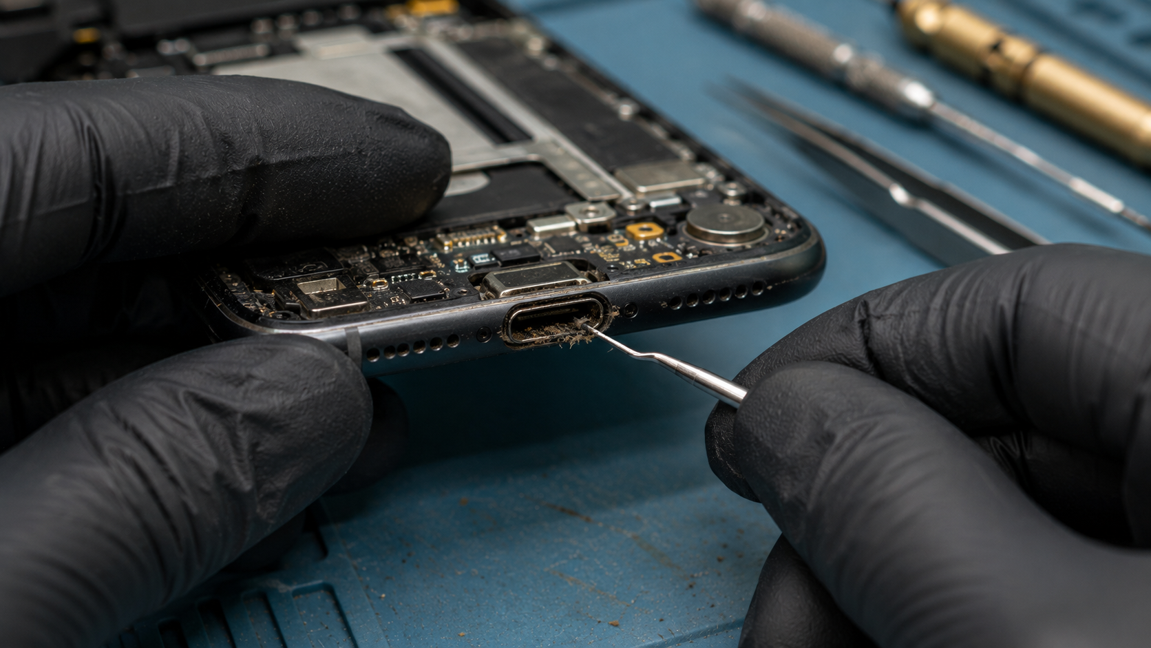 Забруднений USB Type-C роз'єм телефону перед ремонтом