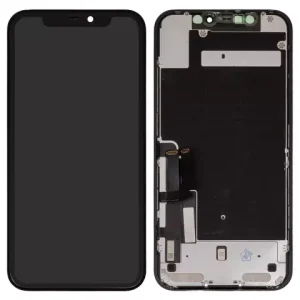 Дисплей для iPhone 11, чорний, з рамкою, Оригінал (переклеєне скло), з пластиками камери та давача наближення, LG version