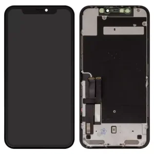 Дисплей для iPhone 11, чорний, з рамкою, Оригінал (переклеєне скло), з пластиками камери та давача наближення, Toshiba/Sharp version