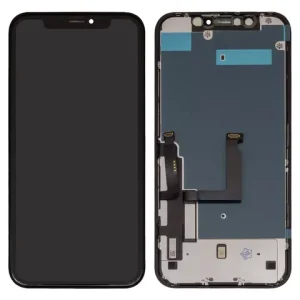 Дисплей для iPhone XR, чорний, з рамкою, Оригінал (переклеєне скло), з пластиками камери та давача наближення, LG version