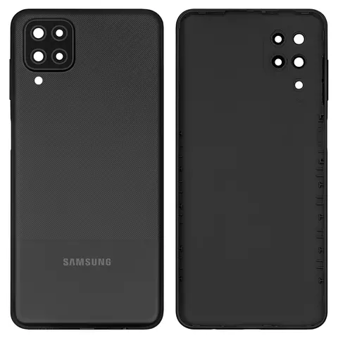 Задня панель корпуса для Samsung A127 Galaxy A12 Nacho, чорна, із склом камери, з боковою кнопкою